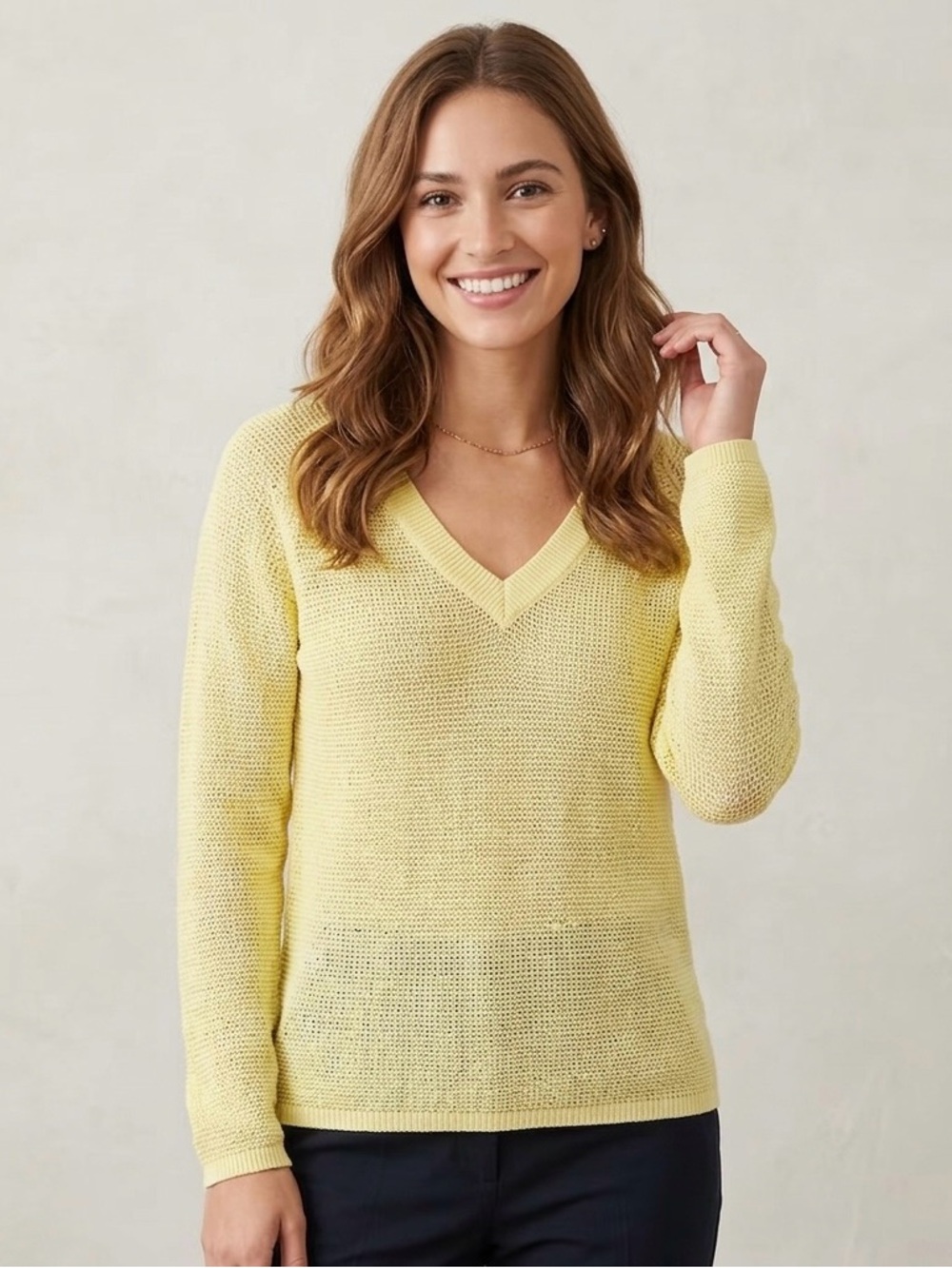 Eileen Fisher Organic Linen & Cotton Blend V-Neck Sweater, Light Yellow,Size XXS